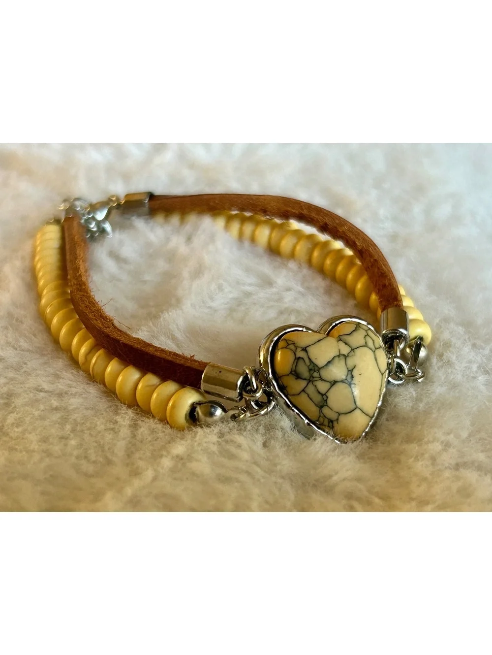 Heart Stone Charm Bracelet with Yellow Beads and Brown Suede Strap